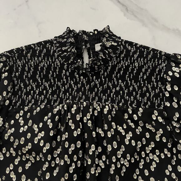 Milly Vicky Gold Metallic Dot Clip Blouse Smocked Black Sz S Cocktail Party Top - Picture 7 of 12